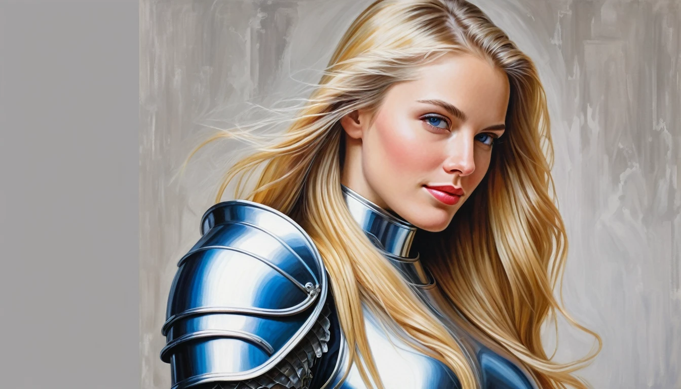 realistic acrylic art, vivid colors, lateral point of view, a beautiful european woman with long BLONDE hair, looking at the viewer with suspicious face and a shy smile, she wears TIGHT GLOSSY ARMOR, gloves, a sophisticated belt, background white empty neutral