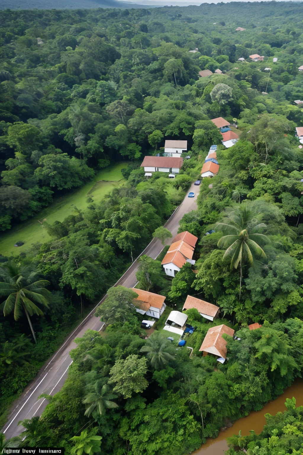 Aerial images of a town in the middle of the jungle, surrounded by lush and mysterious vegetation