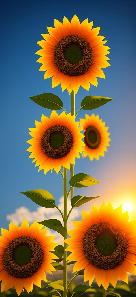 Create a 3D sunflower image that appears to be floating on the mobile screen, 3d (cyborg:1.1), hdr, details, hyperdetailed:1.2), Vignette, centered