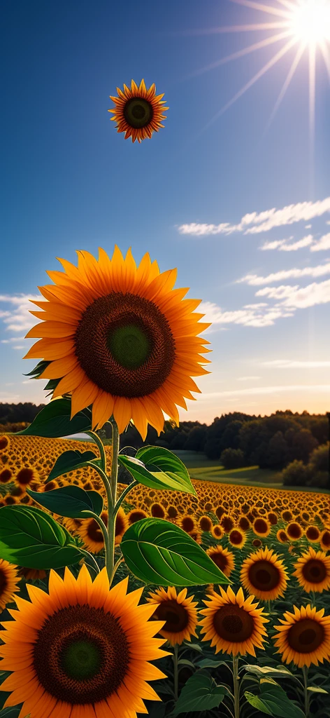 Create a 3D sunflower image that appears to be floating on the mobile screen, 3d (cyborg:1.1), hdr, details, hyperdetailed:1.2), Vignette, centered
