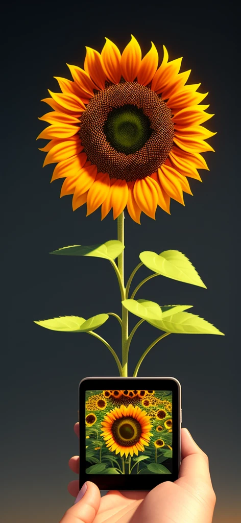 Create a 3D sunflower image that appears to be floating on the mobile screen, 3d (cyborg:1.1), hdr, details, hyperdetailed:1.2), Vignette, centered