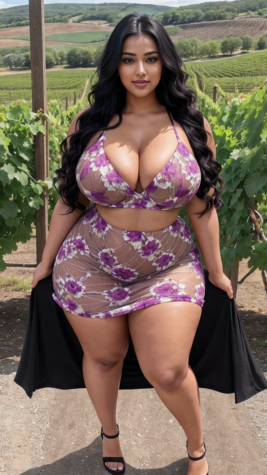 Voluptuous busty ebony black woman walking topless through flower park, ridiculously huge breasts, wide hips, thick thighs, plump pink lips, purple highlights in hair, makeup, jewelry, topless, bare breasts, stiff nipples, short skirt, fishnet stockings, heels, colourful, spring day, bright, sweet sweet smile, kind, caring