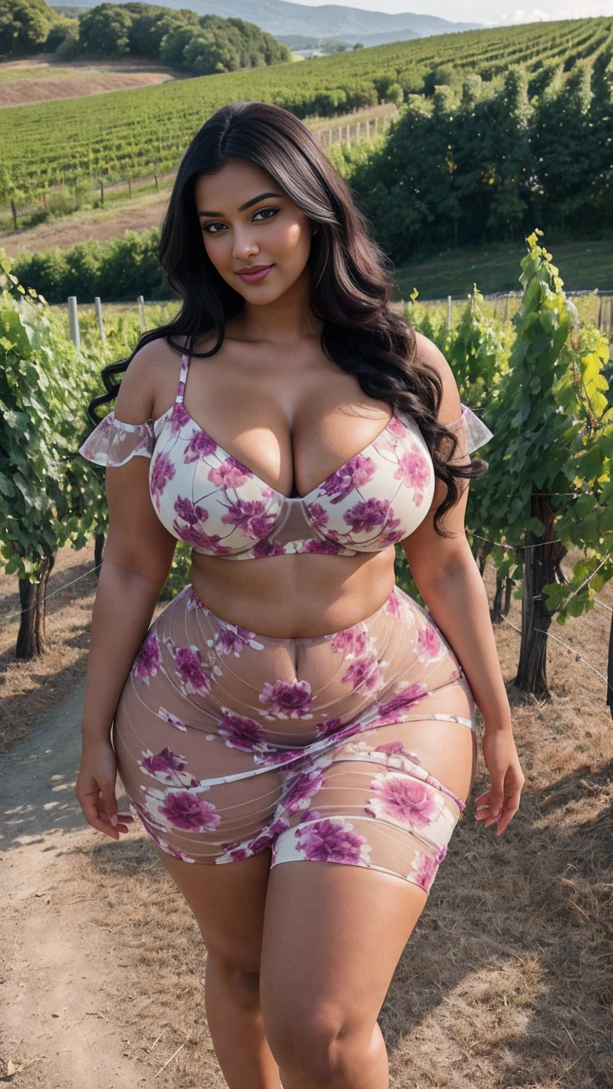 Radhika marchent Indian beautiful woman curvy plus size hour glass bulky huge figure woman, closeup camera view, big huge m-cup breast, wearing SHEIN Teen Girl Elegant Spaghetti Strap Dress With Floral Print And Mesh Overlay For Summer , covered Bust , elegant standing position, eye contact view, different style hairstyle, bright eyes, thin eyebrows, fair skin, blushing cheeks, prefect head to toe view, full body, ideal for high-fashion or editorial shoots, ultra realistic skin texture, head to toe view, full body shot, full body view, smile face, black hair, Indian face, perfect skin tone light, ultra realistic skin texture, bigger waist, busty, big hips, fleshy thighs, thick thighs, busty, full body view, Countryside Vineyard: Rolling hills with grapevines and a rustic winery.