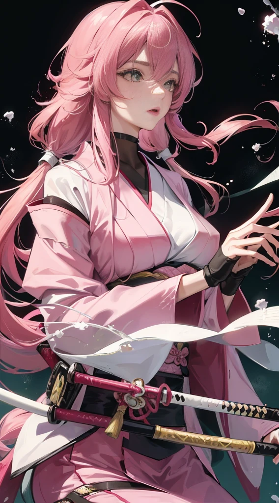 1 Woman, Mature Woman, Japanese Style, , Sister,pink Long-Haired Woman, Light Pink Lips, Calm, Intellectual, Three Bands, Green Eyes, Assassin, Katana