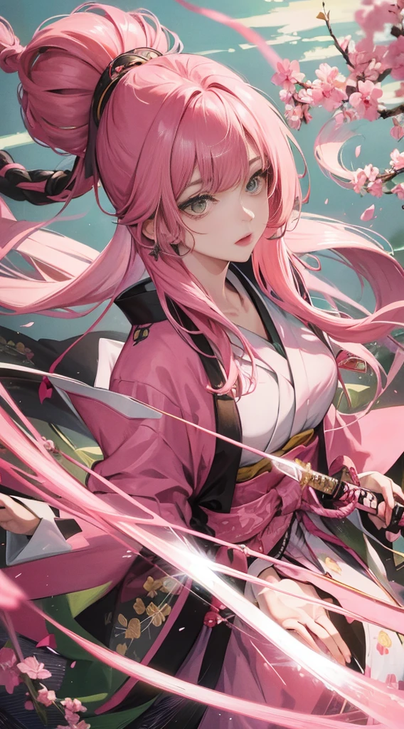 Female ,18 years olf , Japanese Style, ,pink  Long-Haired Woman, Light Pink Lips, Calm, Intellectual, Green Eyes, Assassin, Katana , sexy