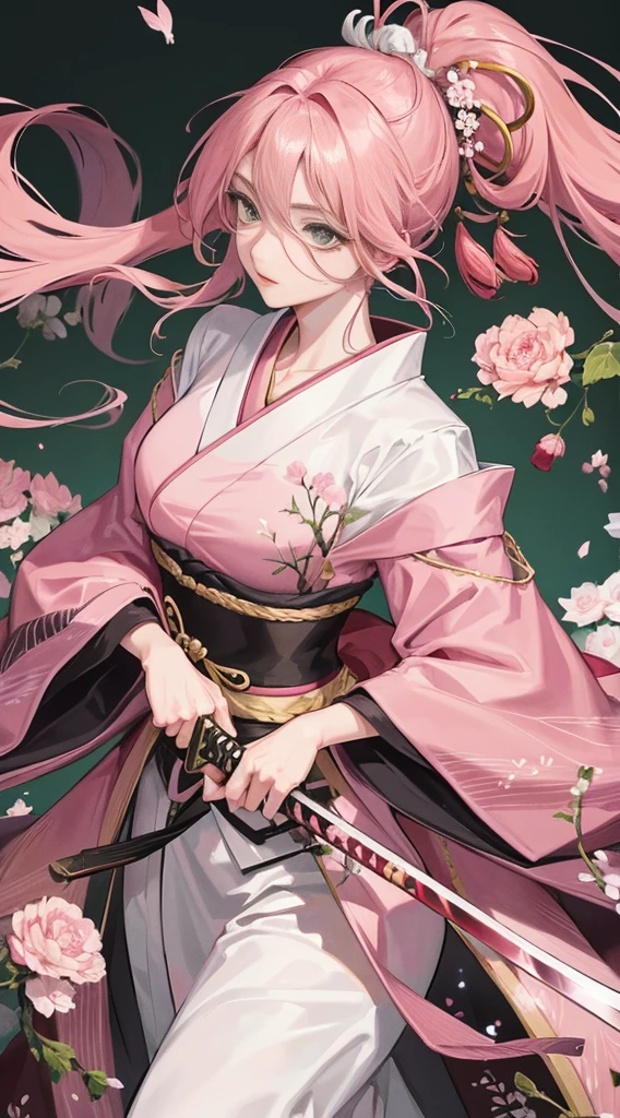 1 Woman, Mature Woman, Japanese Style, , Sister,pink  Long-Haired Woman, Light Pink Lips, Calm, Intellectual, Three Bands, Green Eyes, Assassin, Katana