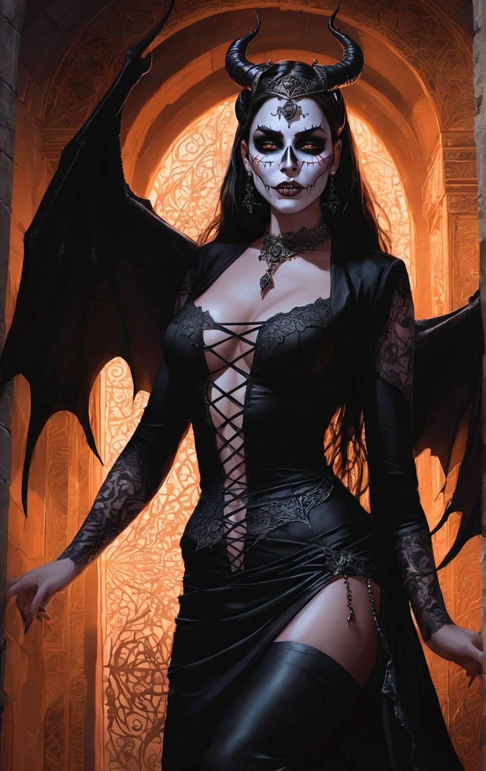 from below, 1girl, full body portrait, succubus, day of the dead facepaint and bodypaint, with legs spread wide open, open legs, demon wings, horns, scary detailed art in color, aroused expression, busty, curvy hips, sexy, alluring, posing with open legs, sheer lace hipsters, highly detailed fantasy art, beautiful fantasy art portrait, intricate detailed digital art, highly detailed digital painting, digital art fantasy art, mark brooks detailed, detailed fantasy digital art, amazing detail digital art, close-up portrait demoness skull,