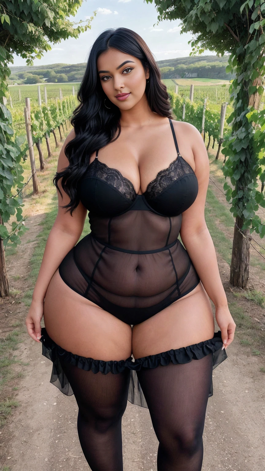 Radhika marchent Indian beautiful woman curvy plus size hour glass bulky huge figure woman, closeup camera view, big huge m-cup breast, wearing SHEIN Girl Elegant Spaghetti Strap Dress With Floral Print And Mesh Overlay For Summer , covered Bust , elegant standing position, eye contact view, different style hairstyle, bright eyes, thin eyebrows, fair skin, blushing cheeks, prefect head to toe view, full body, ideal for high-fashion or editorial shoots, ultra realistic skin texture, head to toe view, full body shot, full body view, smile face, black hair, Indian face, perfect skin tone light, ultra realistic skin texture, bigger waist, busty, big hips, fleshy thighs, thick thighs, busty, full body view, Countryside Vineyard: Rolling hills with grapevines and a rustic winery.
