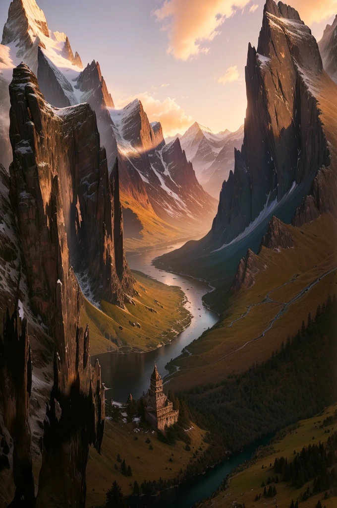 mountains and a river in the foreground with a mountain in the background, max rive, 8 k matte painting, 8k matte painting, the most beautiful landscape, epic beautiful landscape, beautiful mattepainting, majestic nature scenery, matte painting scenery, an amazing landscape image, epic cinematic matte painting, stunning matte painting, stunning nature in background, beautiful matte painting, most epic landscape