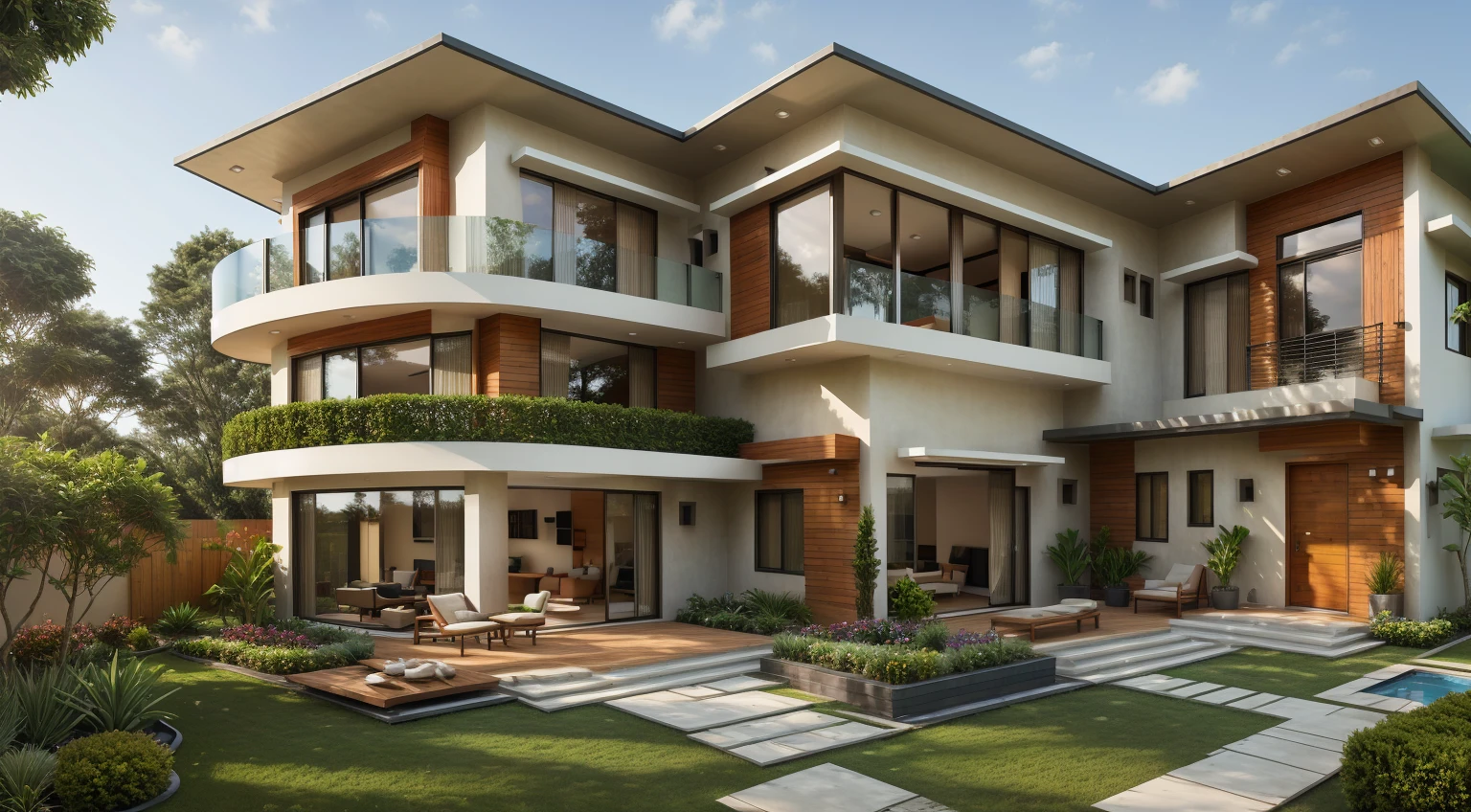 a rendering of a modern house with a circular balcony and a balcony, concept house, architectural visualisation, award-winning render, realistic architecture, rounded architecture, architectural render, high quality rendering, precise architectural rendering, highly rendered!!, very realistic 3 d render, stunning render, architectural visualization, realistic concept, a photorealistic rendering, exterior design, professional render, ultra modern