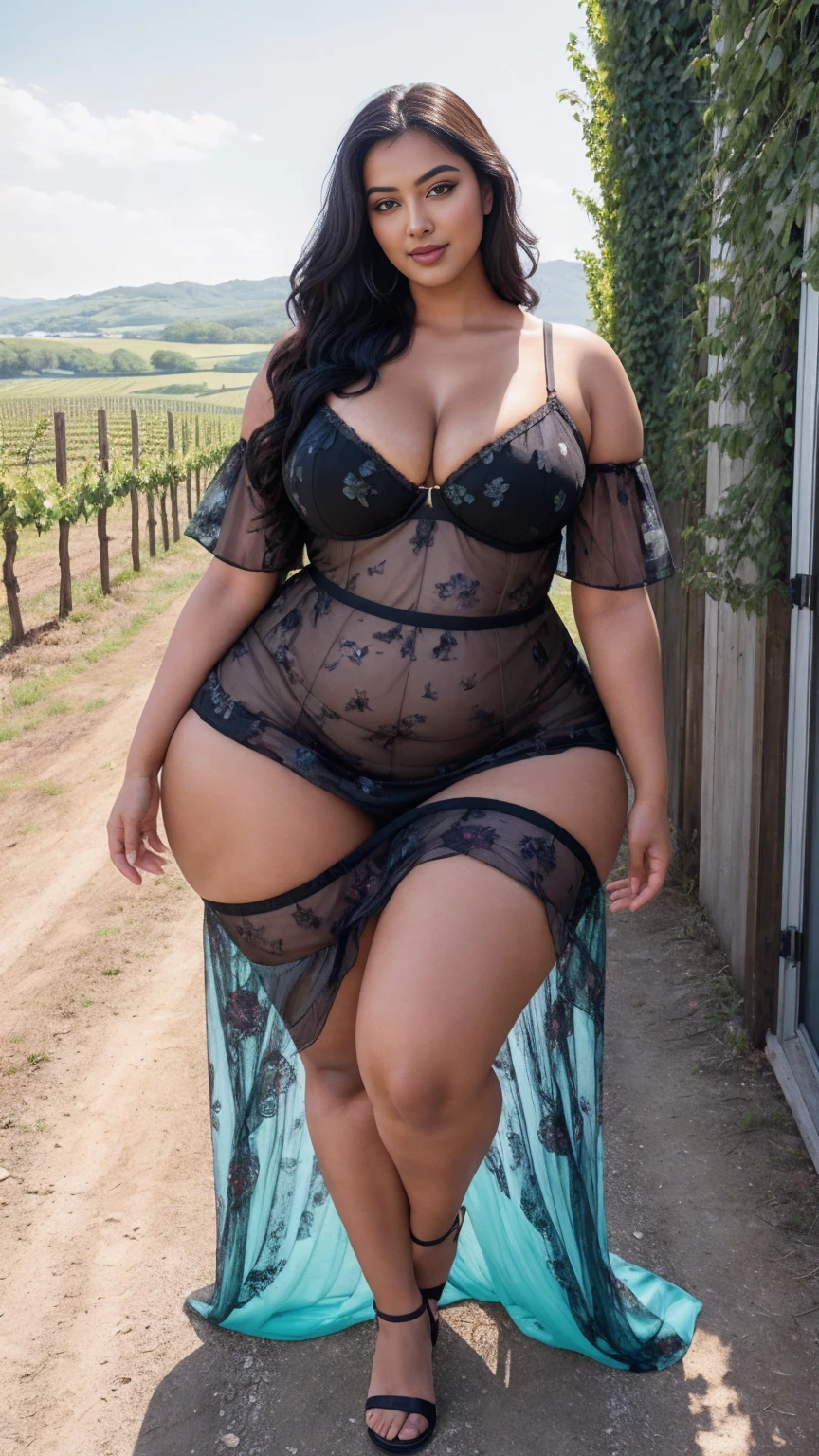 Radhika marchent Indian beautiful woman curvy plus size hour glass bulky huge figure woman, closeup camera view, big huge m-cup breast, wearing SHEIN Teen Girl Elegant Spaghetti Strap Dress With Floral Print And Mesh Overlay For Summer , covered Bust , elegant standing position, eye contact view, different style hairstyle, bright eyes, thin eyebrows, fair skin, blushing cheeks, prefect head to toe view, full body, ideal for high-fashion or editorial shoots, ultra realistic skin texture, head to toe view, full body shot, full body view, smile face, black hair, Indian face, perfect skin tone light, ultra realistic skin texture, bigger waist, busty, big hips, fleshy thighs, thick thighs, busty, full body view, Countryside Vineyard: Rolling hills with grapevines and a rustic winery.