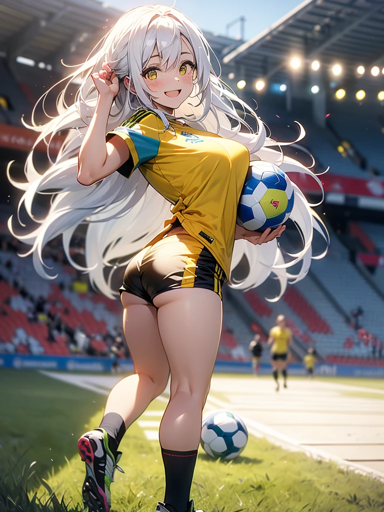 Girl, Solo, Full Body, Long hair, white hair, Yellow eyes, happy face, Breasts, big Breasts, large Breasts, Big Butt, Yellow shirt, Brazil shirt, soccer shirt, Shorts, mini Shorts, Dark BLUE Shorts, on a soccer match