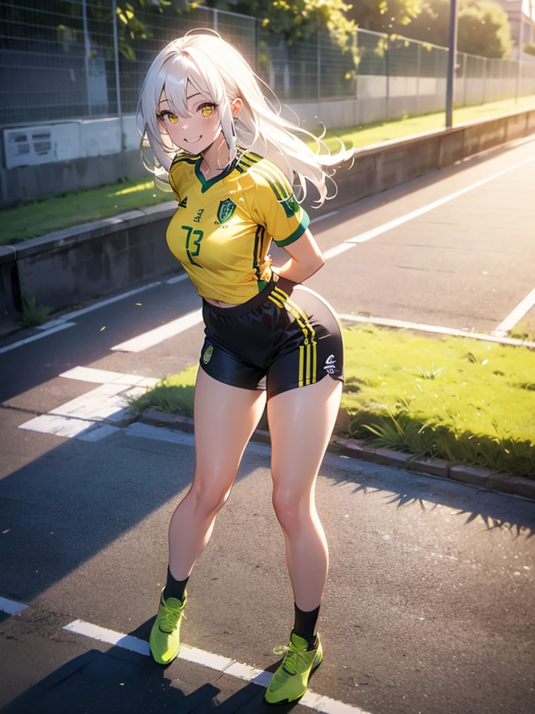 Girl, Solo, Full Body, Long hair, white hair, Yellow eyes, happy face, Breasts, big Breasts, large Breasts, Big Butt, Yellow shirt, Brazil shirt, soccer shirt, Shorts, mini Shorts, Dark BLUE Shorts, on a soccer match