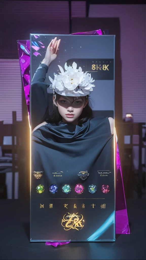 ((Best quality, 8k, Masterpiece :1.3)), upper bod y, Sharp focus : 1.2, Beautiful woman with perfe ct figure, Highly detailed facial and skin textur e, Detailed eyes, Double eyelids, Interior view, f erpect lighting, Glowing skin