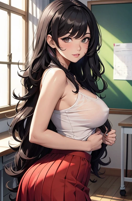 masterpiece, best quality, best lighting, shadows, perfect anatomy, 1 girl, adult anime girl, 21 years old, mature features, showing tits, bitchy face, pretty lips, pretty eyes, black wavy hair, black eyes, seductive eyes, blushing, flirty, pretty smile, tiny red skirt, white tight shirt, classroom background, ass, breast, thighs, seductive, spicy, hot, flirty, nsfw,