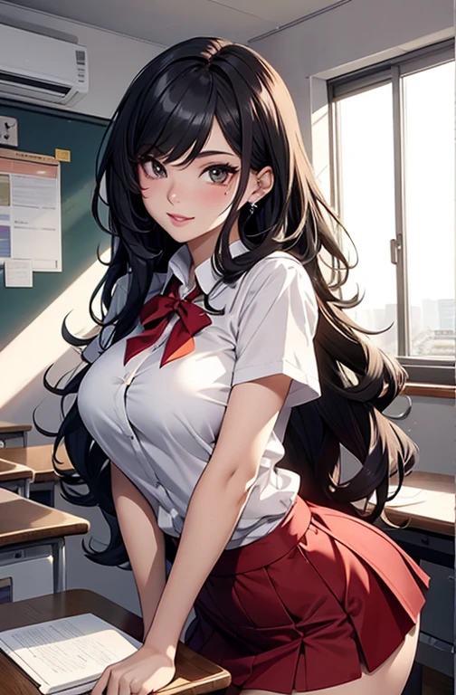 masterpiece, best quality, best lighting, shadows, perfect anatomy, 1 girl, adult anime girl, 21 years old, mature features, showing tits, bitchy face, pretty lips, pretty eyes, black wavy hair, black eyes, seductive eyes, blushing, flirty, pretty smile, tiny red skirt, white tight shirt, classroom background, ass, breast, thighs, seductive, spicy, hot, flirty, nsfw,