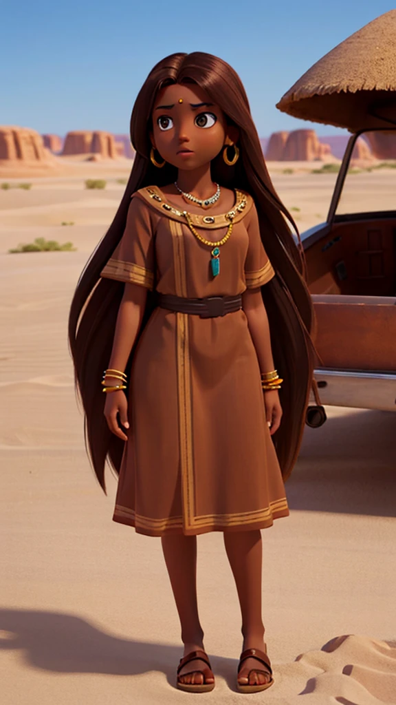 Dark-skinned woman with long brown hair, without accesories, without makeup, no earrings, not necklaces, tunic clothing like Jesus, in the desert