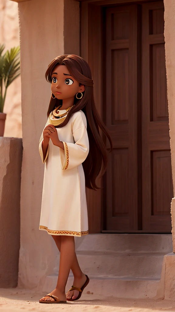 Dark-skinned woman with long brown hair, without accesories, without makeup, no earrings, not necklaces, tunic clothing like Jesus, in the desert