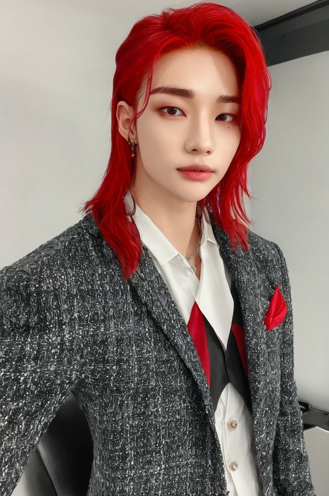 Hyunstayv2, Frontal, sparkling, Chapped lips, (long red hair :1.2), abdomen, (ultra realistic:1.2), (close to the photo:1.1), (intricate:1.2), (looking at the viewer:1.2),