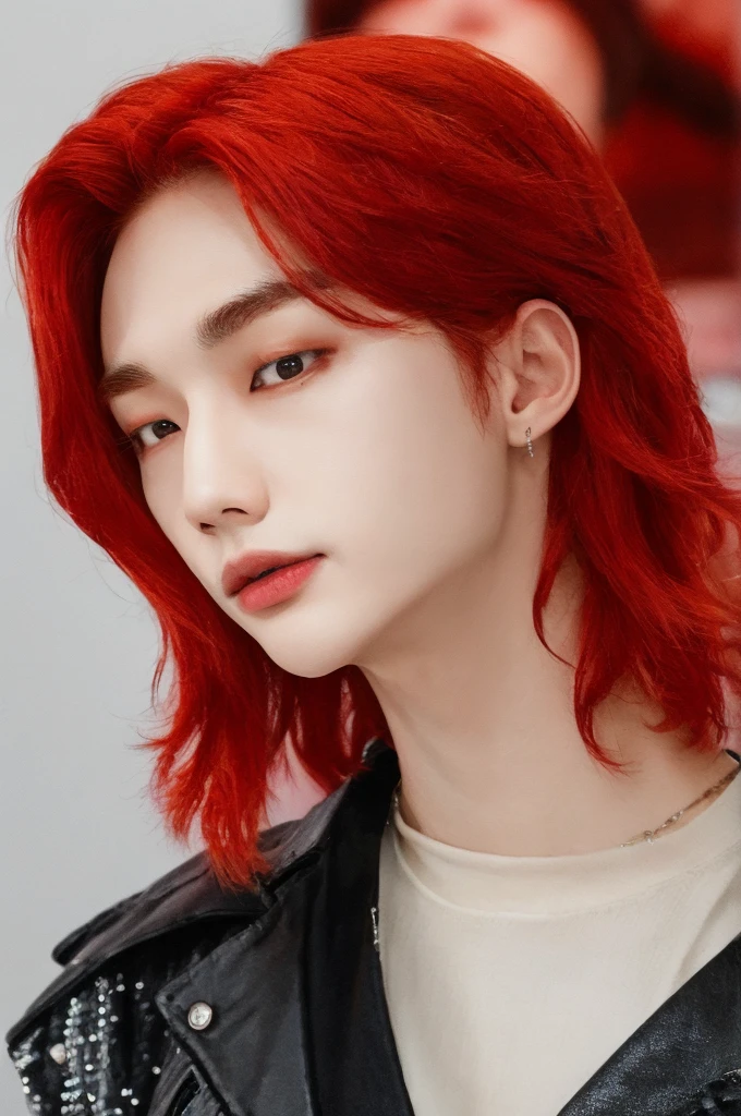 Hyunstayv2, Frontal, sparkling, Chapped lips, (long red hair :1.2), abdomen, (ultra realistic:1.2), (close to the photo:1.1), (intricate:1.2), (looking at the viewer:1.2),