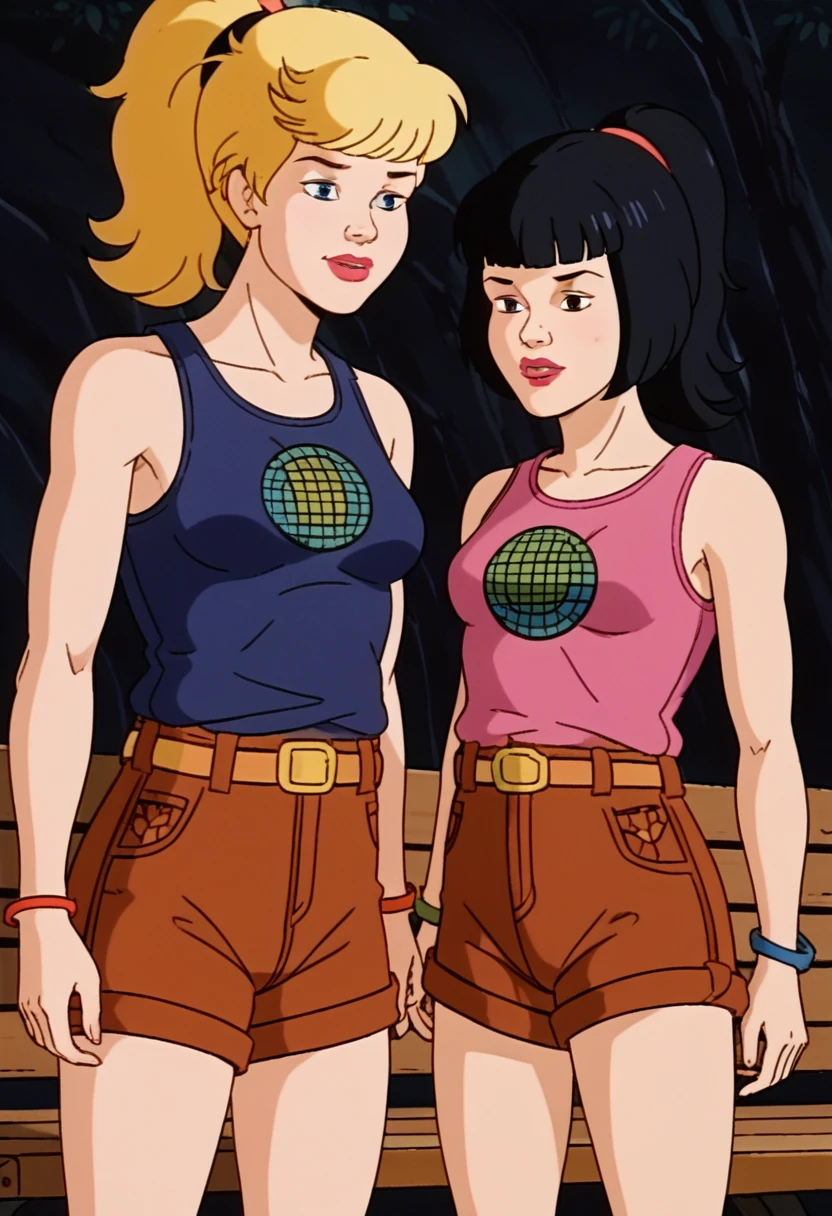 score_9, score_8, score_7, score_8_up, score_7_up, score_6_up; 2girls: (((xgix,black hair,bob cut,blunt bangs,brown eyes,lipstick,bracelet, tank top, belt, brown shorts, small breasts, lies on back))); (((xlinkax, blonde hair, ponytail, blue eyes, medium breasts, tank top, belt, brown shorts))); standing, by wooden bench, sunshine, covered nipples, seductive, blushing, aroused, back view, bending over, spread ass, 
