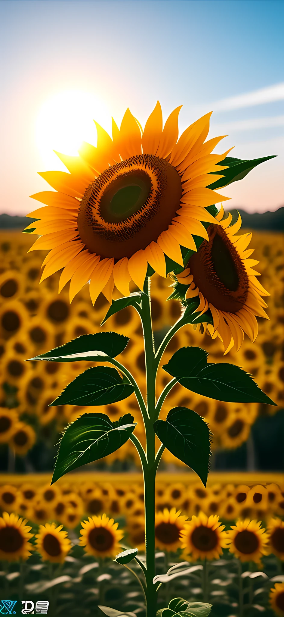 Create a 3D sunflower image that appears to be floating on the mobile screen, 3d (cyborg:1.1), hdr, details, hyperdetailed:1.2), Vignette, centered