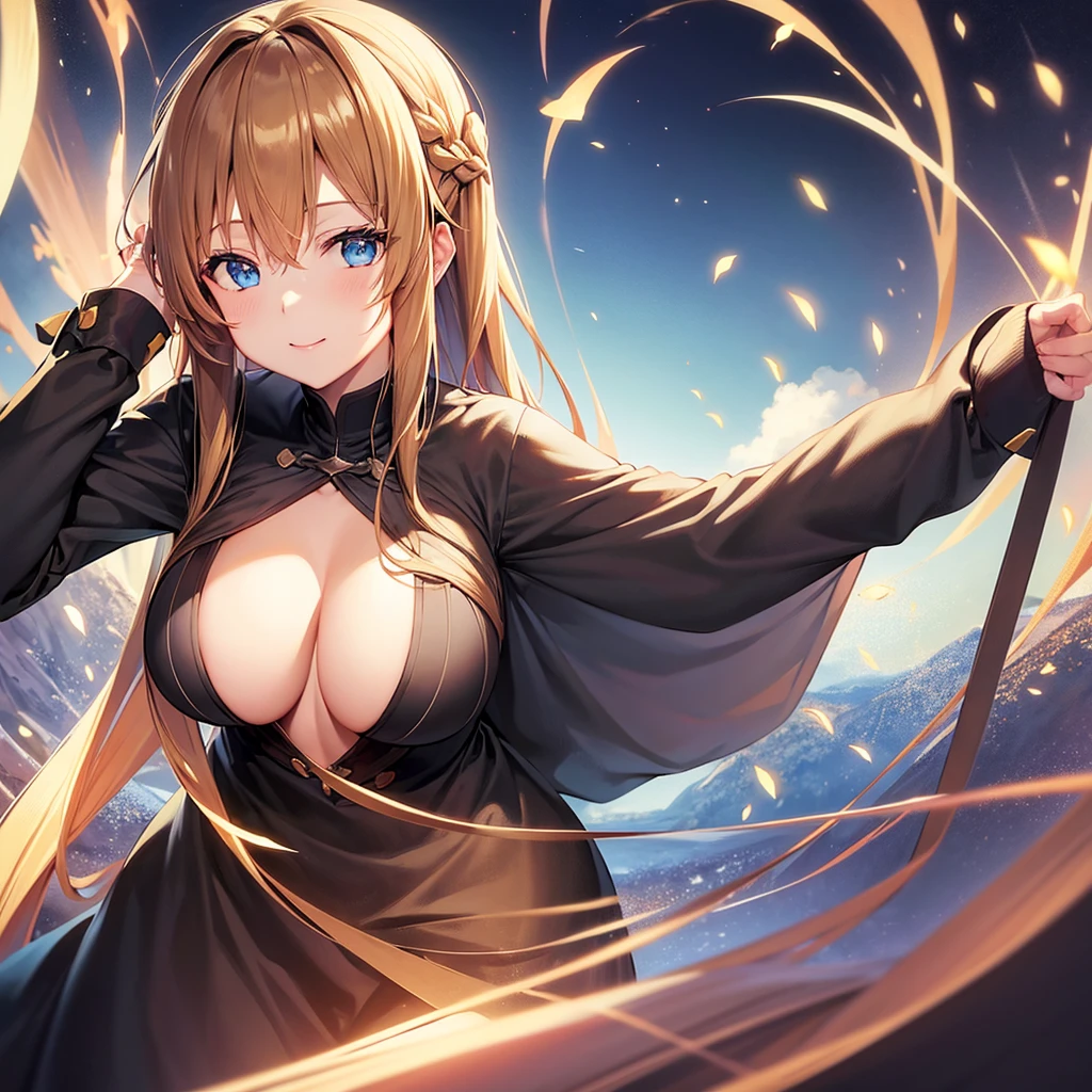 asuna,sao, crown half up hairstyle,, Girls' Front, leaning forward, girlan extremely delicate and beautiful girl, shiny platinum blonde hair, large breasts, overexposure, dusk sky,