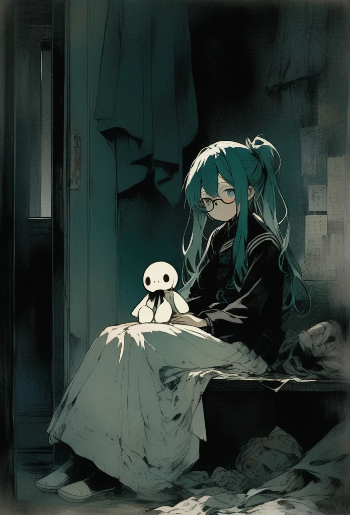 A girl sitting alone in a dark room, with light barely filtering through closed curtains, with empty eyes and a distant gaze, with hands trembling slightly as she clutches a worn-out doll, with silent tears sliding down her pale face, with unsettling whispers and ghostly murmurs seeming to fill the empty space around her, with a sense of oppression and hopelessness weighing heavily upon her., bob cut, bangs, Hatsune Miku, hairclip, glasses