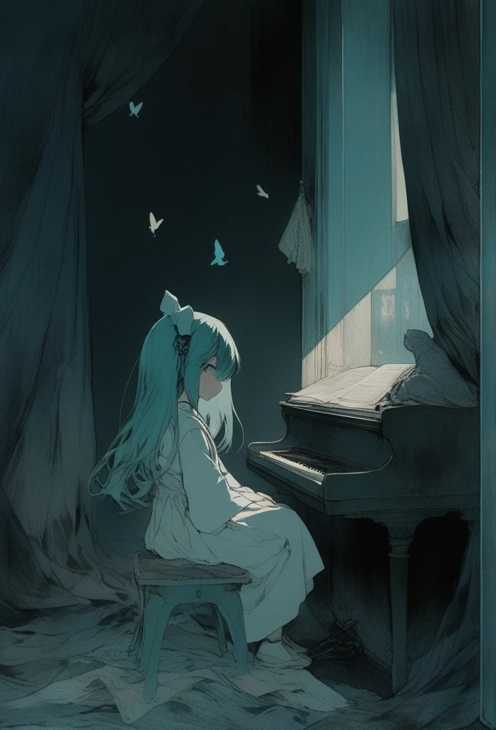 A girl sitting alone in a dark room, with light barely filtering through closed curtains, with empty eyes and a distant gaze, with hands trembling slightly as she clutches a worn-out doll, with silent tears sliding down her pale face, with unsettling whispers and ghostly murmurs seeming to fill the empty space around her, with a sense of oppression and hopelessness weighing heavily upon her., bob cut, bangs, Hatsune Miku, hairclip, glasses