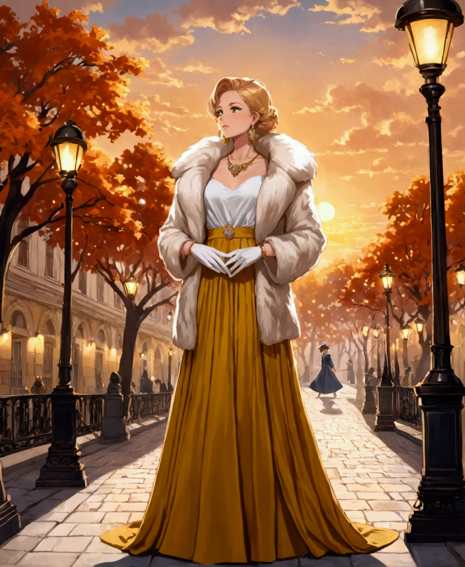 In a large square, in a world inspired by the second world war, in a ucrony, sunset, street lamps, victory event, lavish decorations, large buildings around, trees on ornate sidewalks, festive atmosphere, mist surrounding the landscape, proud, imposing, looking at the horizon, on his back, /(focus on his back), a beautiful 24 year old woman, /(White skin, extremely long golden blonde hair, lassie hair, locks over left eye, green eyes,), /(Hourglass shaped body, medium hips, medium waist, shapely legs, big chest, small hands, slender fingers, Greek nose, almond eyes,), (Refined sixties European style ball gown: long sleeve fitted blouse, long skirt with pleats, fur coat, medium stiletto shoes, brooches in hair, gloves, necklace with diamonds, bracelets on wrists, refined hat, earrings,),