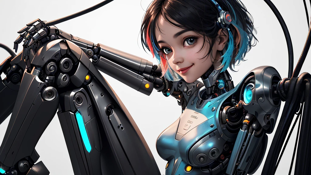 (best quality, masterpiece, perfect face, beautiful and aesthetic:1.2, colorful, dynamic angle, highest detailed face) full body photo of a complex ultra detailed of a beautiful android girl, cute smiling face, cyborg, bobbed haircut, robotic parts, vibrant details, luxurious cyberpunk, lace, cable electric wires, microchip, elegant, beautiful background, 8k, extremely detailed, wallpaper, robot, full body, sitting, high contrast colors, 35mm, bokeh, 9:16, (intricate details, hyperdetailed:1.15), detailed, sunlight passing through hair (high contrast, official art, extreme detailed, highest detailed),