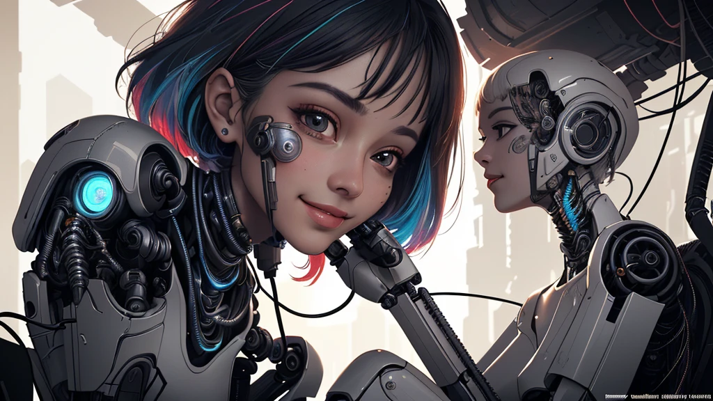 (best quality, masterpiece, perfect face, beautiful and aesthetic:1.2, colorful, dynamic angle, highest detailed face) full body photo of a complex ultra detailed of a beautiful android girl, cute smiling face, cyborg, bobbed haircut, robotic parts, vibrant details, luxurious cyberpunk, lace, cable electric wires, microchip, elegant, beautiful background, 8k, extremely detailed, wallpaper, robot, full body, sitting, high contrast colors, 35mm, bokeh, 9:16, (intricate details, hyperdetailed:1.15), detailed, sunlight passing through hair (high contrast, official art, extreme detailed, highest detailed),