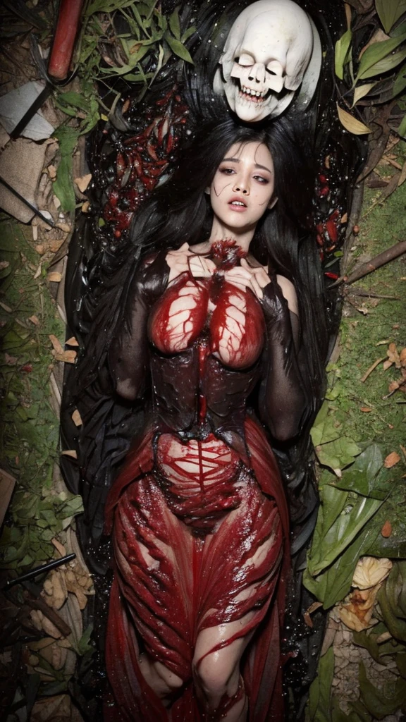 best quality)), ((masterpiece)), (detailed), 1 girl. penanggal. ((floating head ghost)). Show lungs. Hearts organs outside. Organs fleash out of body. Flying at forest.