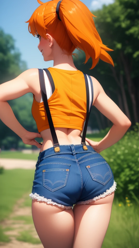 ((Masterpiece,Best Quality)), absurdities,
misty_Pokémon, yellow crop top, suspenders, Side ponytail, Orange hair, denim shorts, 
Alone, smiling, blush, looking at the viewer, cowboy shot, from behind, 
cinematographic composition, contrasted, 
playa tropical,