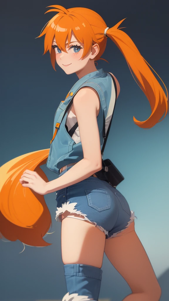 ((Masterpiece,Best Quality)), absurdities,
misty_Pokémon, yellow crop top, suspenders, Side ponytail, Orange hair, denim shorts, 
Alone, smiling, blush, looking at the viewer, cowboy shot, from behind, 
cinematographic composition, contrasted, 
playa tropical,