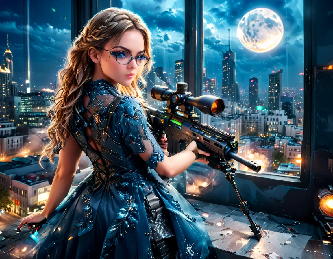 a portrait picture of a 1single woman sniper, standing in a window aiming a sniper rifle, an exotic beautiful woman sniper, dynamic hair, braided hair, full body shop, intense blue eyes, wearing intricate glasses ultra detailed face, wearing (intricate evening dress: 1.5), elegant dress, dynamic color, dynamic style, wearing elegant stiletto heels , behind a window in a tall building at nigh, aiming a Light Sniper Rifle , cyberpunk city background, its night time, moon rays, some clouds,  (full body shot: 1.1) , vibrant, Ultra-high resolution, High Contrast, (masterpiece:1.5), highest quality, Best aesthetics), best details, best quality, highres, ultra wide angle, 16k, [ultra detailed], masterpiece, best quality, (extremely detailed) Sniper Rifle, evening dress
