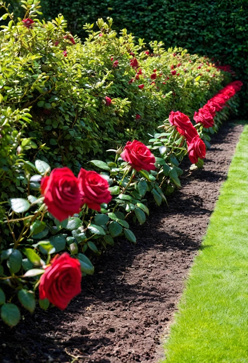 a row of red rose bushes