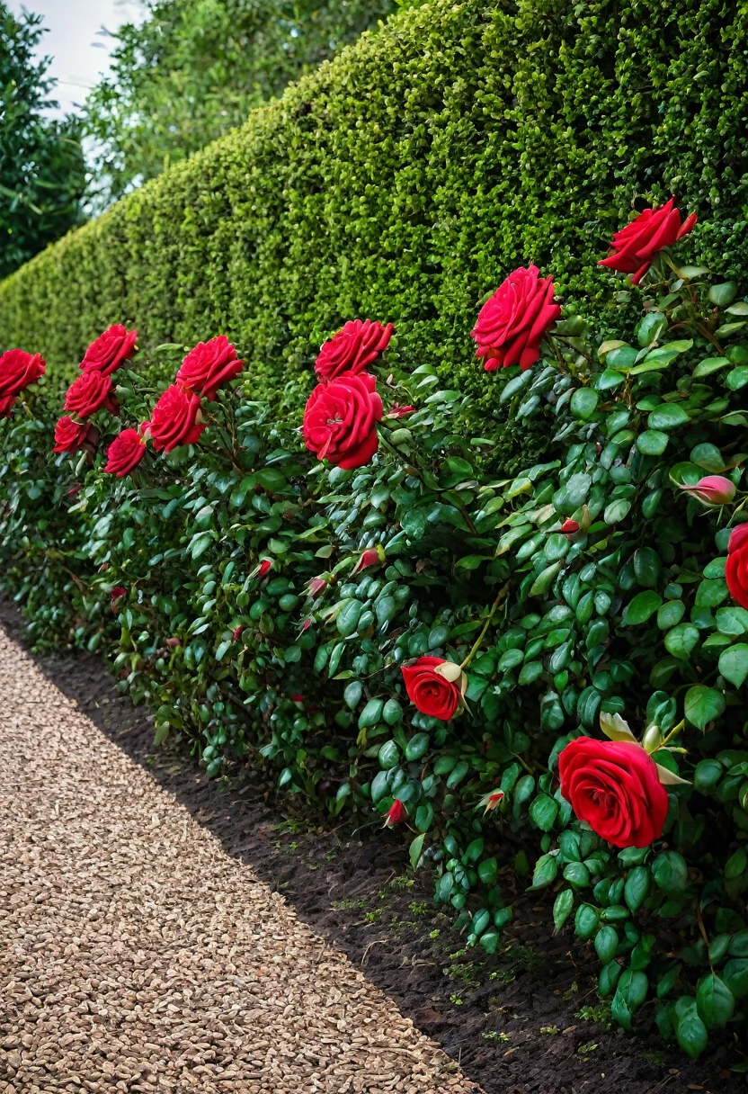 a row of red rose bushes