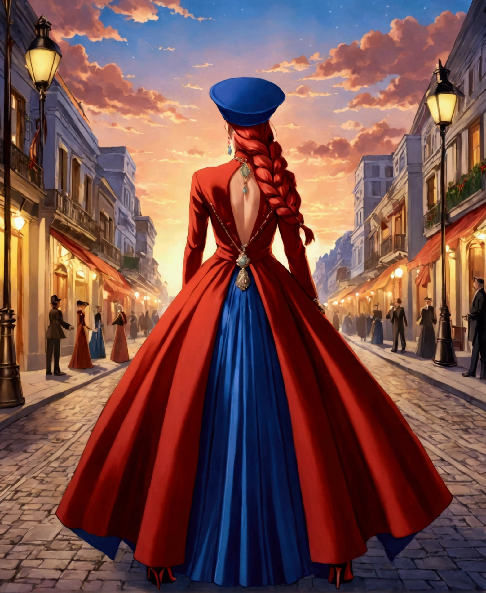 In a large square, in a world inspired by the second world war, in a ucrony, sunset, street lamps, victory event, lavish decorations, large buildings around, trees on ornate sidewalks, festive atmosphere, mist surrounding the landscape, proud, imposing, looking at the horizon, on his back, /(focus on his back), a beautiful 24 year old woman, /(White skin, extremely long crimson red hair combed in braids, locks over left eye, topaz blue eyes,), /(Hourglass shaped body, medium hips, medium waist, shapely legs, big chest, small hands, slender fingers, Greek nose, almond eyes,), (Refined sixties European style ball gown: long sleeve fitted blouse, long skirt with pleats, fur coat, medium stiletto shoes, brooches in hair, gloves, necklace with diamonds, bracelets on wrists, refined hat, earrings,),