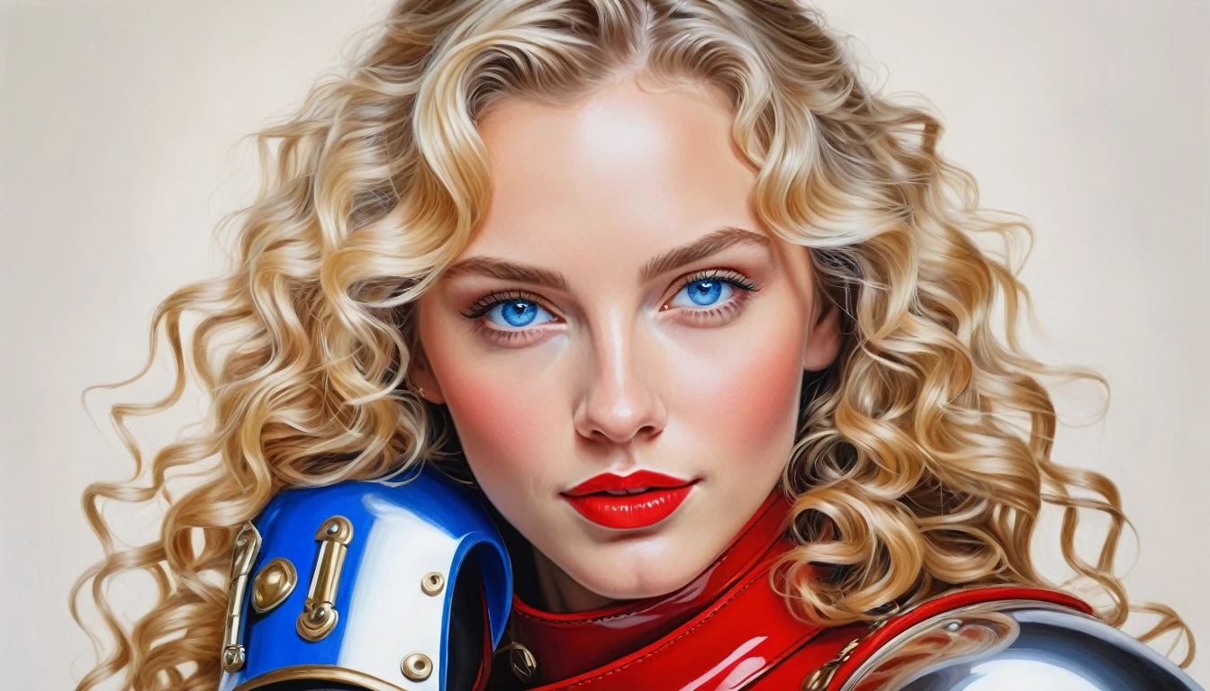 realistic acrylic art, vivid colors, lateral point of view, a beautiful european woman with long BLONDE curly hair, blue eyes, looking at the viewer with suspicious face and a shy smile, red lips, she wears hy-glossy TOTALLY SMOOTH armor, gloves, a sophisticated belt, WHITE NEUTRAL background