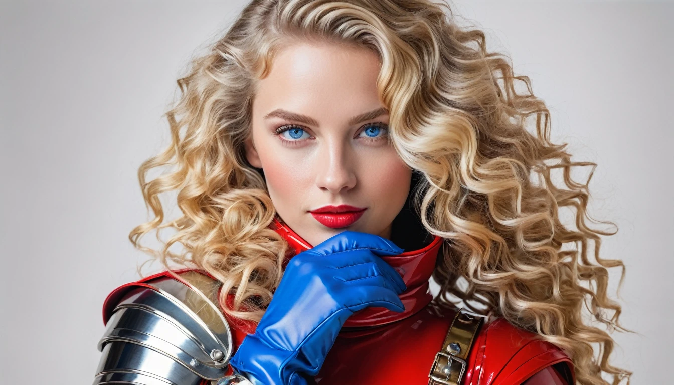 realistic acrylic art, vivid colors, lateral point of view, a beautiful european woman with long BLONDE curly hair, blue eyes, looking at the viewer with suspicious face and a shy smile, red lips, she wears hy-glossy TOTALLY SMOOTH armor, gloves, a sophisticated belt, WHITE NEUTRAL background