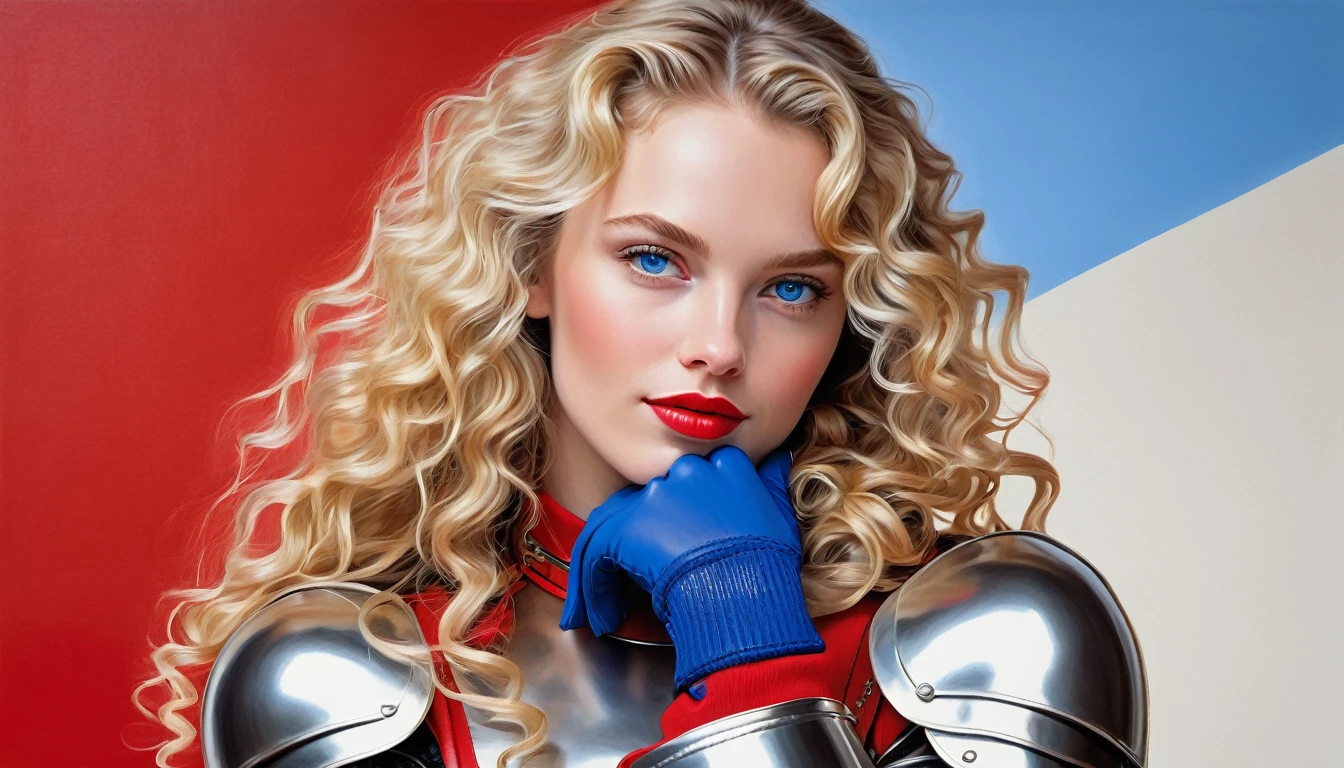 realistic acrylic art, vivid colors, lateral point of view, a beautiful european woman with long BLONDE curly hair, blue eyes, looking at the viewer with suspicious face and a shy smile, red lips, she wears hy-glossy TOTALLY SMOOTH armor, gloves, a sophisticated belt, WHITE NEUTRAL background
