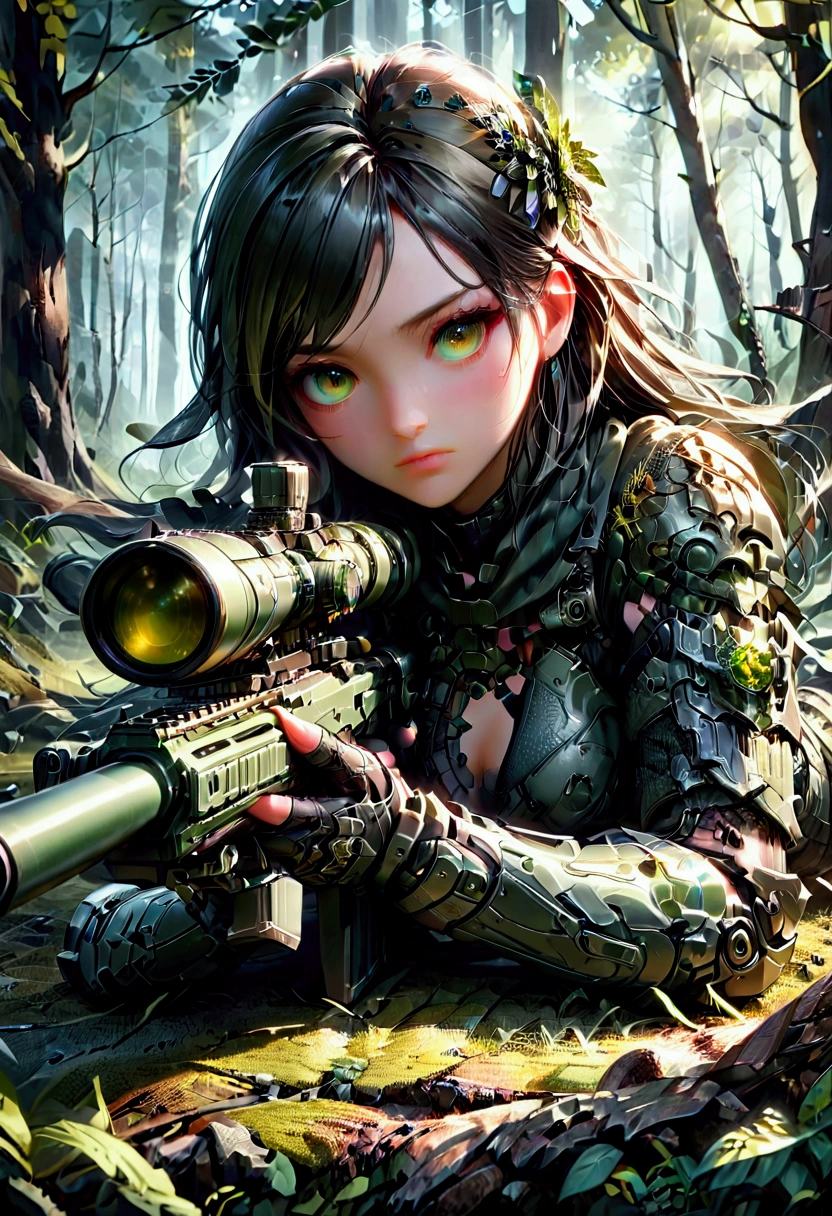 1girl, Sniper, A highly detailed, portrait of a skilled sniper in a camouflage uniform, lying prone with a high-powered sniper rifle, focused intently through the scope, surrounded by lush foliage in a forest environment, dramatic lighting, cinematic composition, hyper-detailed textures, muted color palette, gritty, masterpiece, best quality, very aesthetic, absurdres