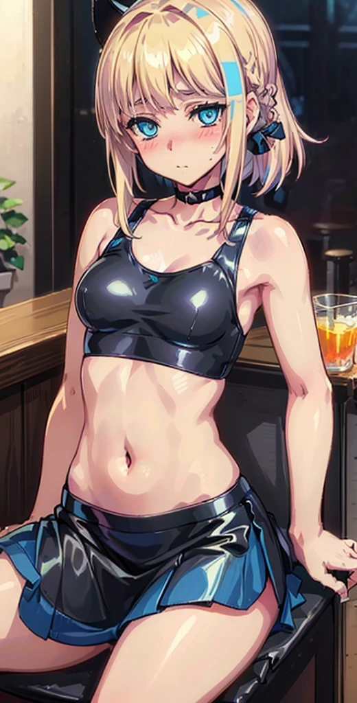 Score_9, score_8_up, score_7_up, score_6_up, score_5_up, score_4_up, source_anime, solo, 1girl, mature female, marie rose, small breast, dark skin, dark-skinned female, makeup, eyeshadow, Gyaru, tanned skin, shiny skin, metallic tan, colored skin, jet-black skin BREAK light blush, drinking glass, bar, dim lighting, drunk