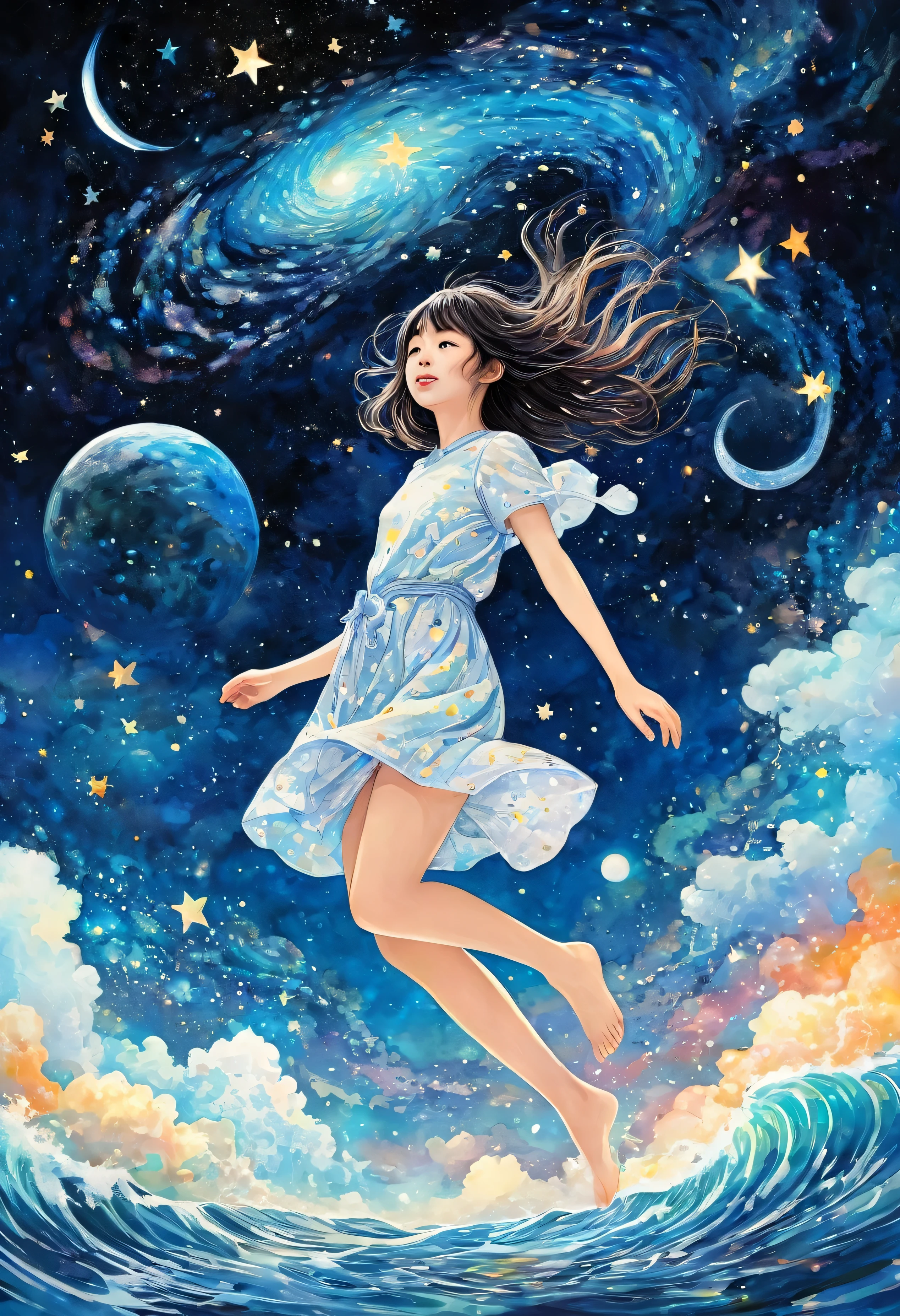 flying girl、A girl flying in the starry sky、Farbe々なFarbeの星の光、Diego Gisbert Lawrence、Joe San Gonzalez e Mumford、Picture book illustrations、psychedelic art、A girl、starry sky、nebula、maelstrom、water、bum、super wide photo、highest quallity、ultra detali、intensive、golden ratio composition、Kanna Hashimoto