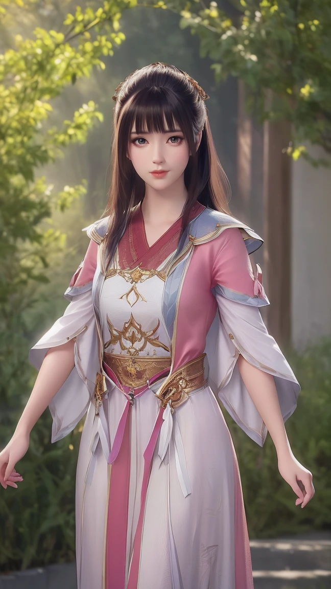 (best quality,ultra-detailed,photorealistic:1.37),vivid colors,studio lighting,beautiful detailed eyes,beautiful detailed lips,extremely detailed eyes and face,long eyelashes,portraits,black hair,confident expression,feminine,standing in a garden,soft sunlight, scenery,flower blossoms,peaceful atmosphere,artistic touch,textured brushstrokes,subtle color variations,brilliant white highlights,delicate movements,graceful pose,slight breeze,rustling leaves,sophisticated style,professional artwork,female beauty.