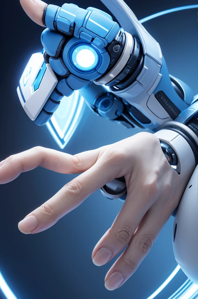 Round image with a humanized mechanical arm holding a @
The arm needs to have fingers and be more clear Blue and white colors