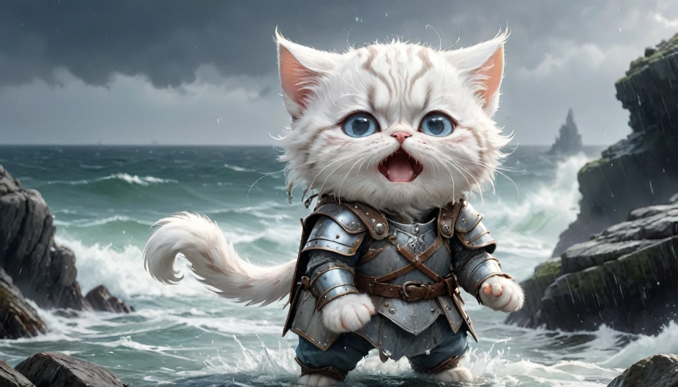Crying face、tears、small, かわいいto be bornき物, Viking wearing white armor、 whole body,small , Are standing, Costume, Stormy Sea、 Fantasy art, Exquisite detail, Jean-Baptiste Monge Style, office、Alan Lee Style, Anthropomorphic, Fat, White cat with big eyes, Movie Scenes, Dramatic shot angles, , Realistic, to be born々Stunning cinematic photorealism, Action Portrait, 8k, detailed, Full Frame