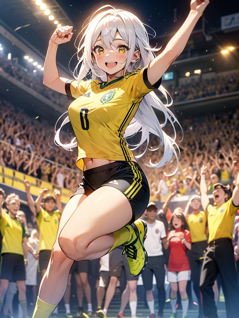 Girl, Solo, Full Body, Long hair, white hair, Yellow eyes, happy face, Breasts, big Breasts, large Breasts, Big Butt, Yellow shirt, Brazil shirt, soccer shirt, Shorts, mini Shorts, Dark BLUE Shorts, celebrating, Cristiano Ronaldo celebration, on a soccer match