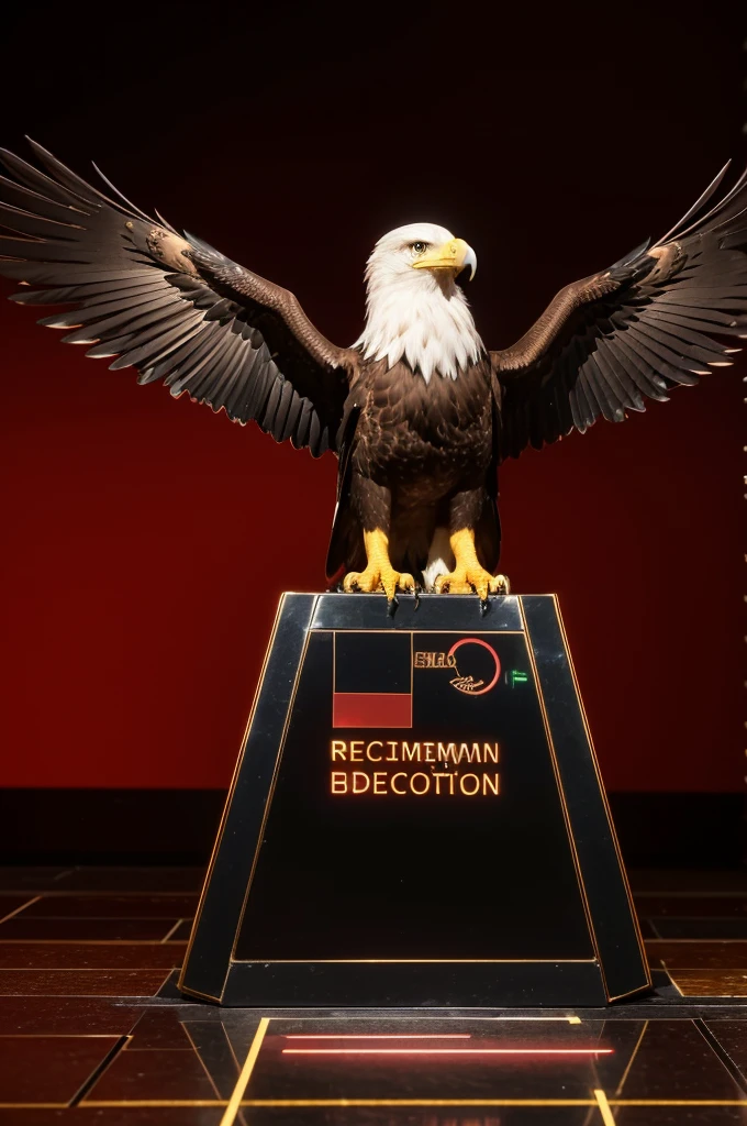 Displays full HD high resolution, a hologram logo, The eagle is made of thick metal, a combination of gold and black and winged with a ribbon with a name written on it " Host aide and a red LED next to the logo on a shiny brick background, with red neon lighting